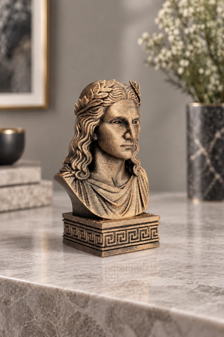 Apollo büst 12 cm metalik bronz görünüm, önden çekim