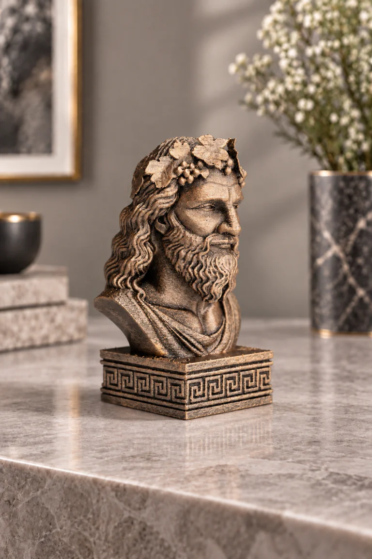12 cm metalik bronz Dionysos büst, üç çeyrek açıdan görünüm