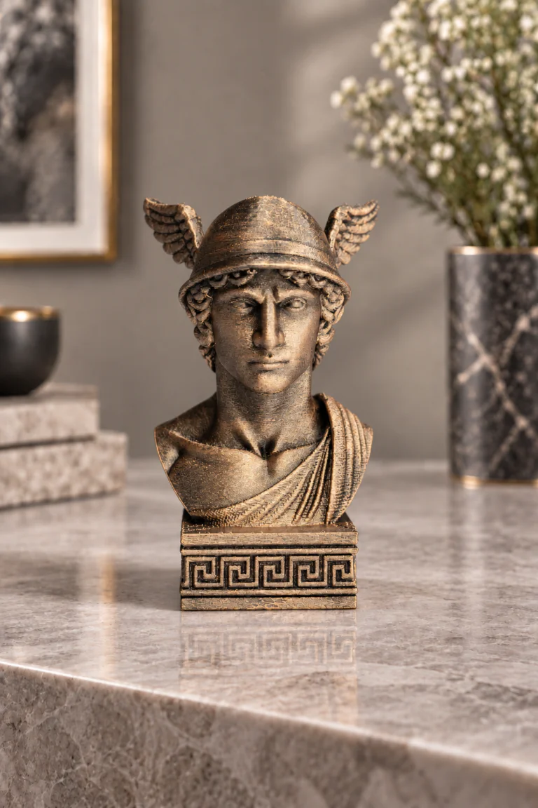 Hermes büst 12 cm metalik bronz görünüm, önden çekim