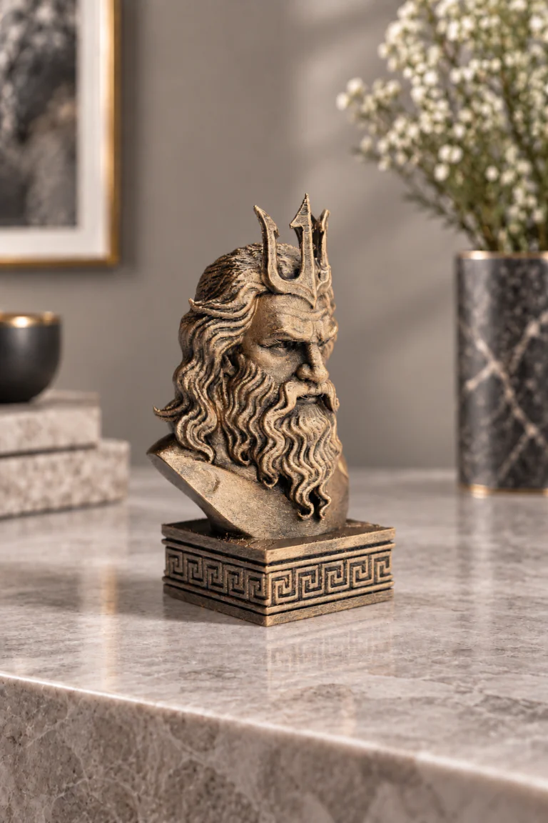 Poseidon büst 12 cm metalik bronz görünüm, önden çekim