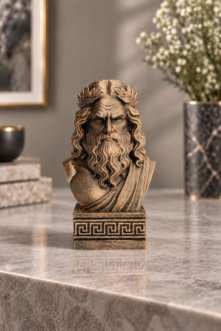 Zeus büst 12 cm metalik bronz görünüm, önden çekim