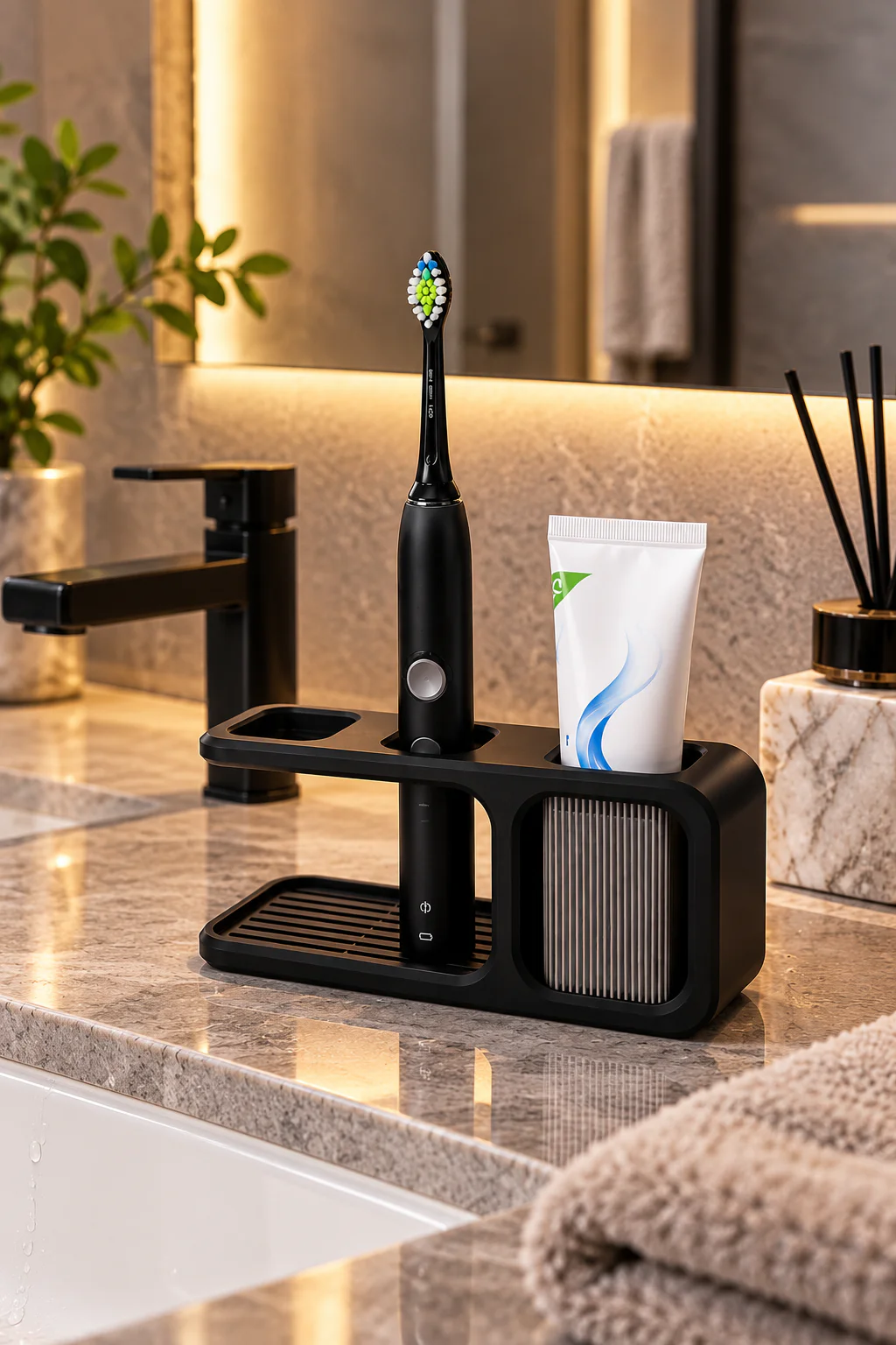Siyah diş fırçası standı banyo tezgâhında önden görünüm