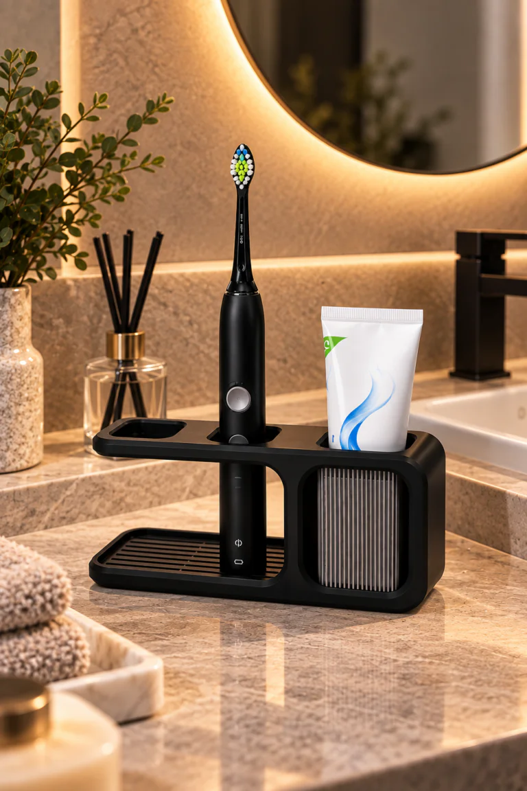 Siyah diş fırçası standı lavabo yanında kullanım görünümü