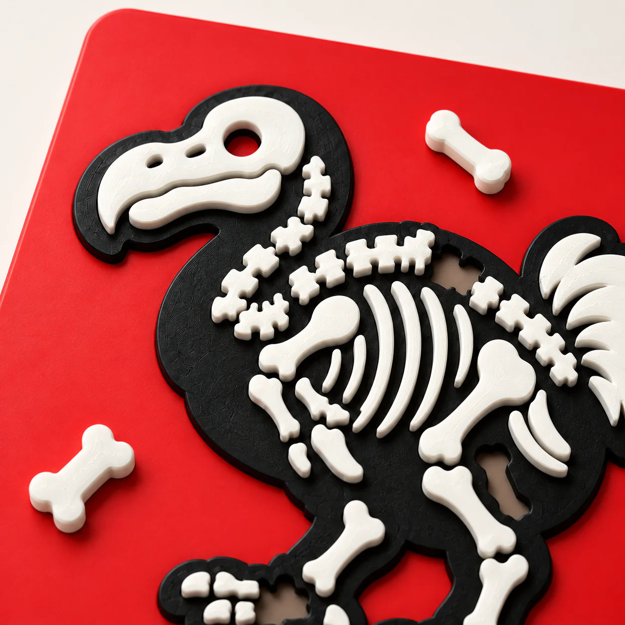 Dodo Kuşu puzzle iskelet parçaları ve kırmızı zemin yakın plan
