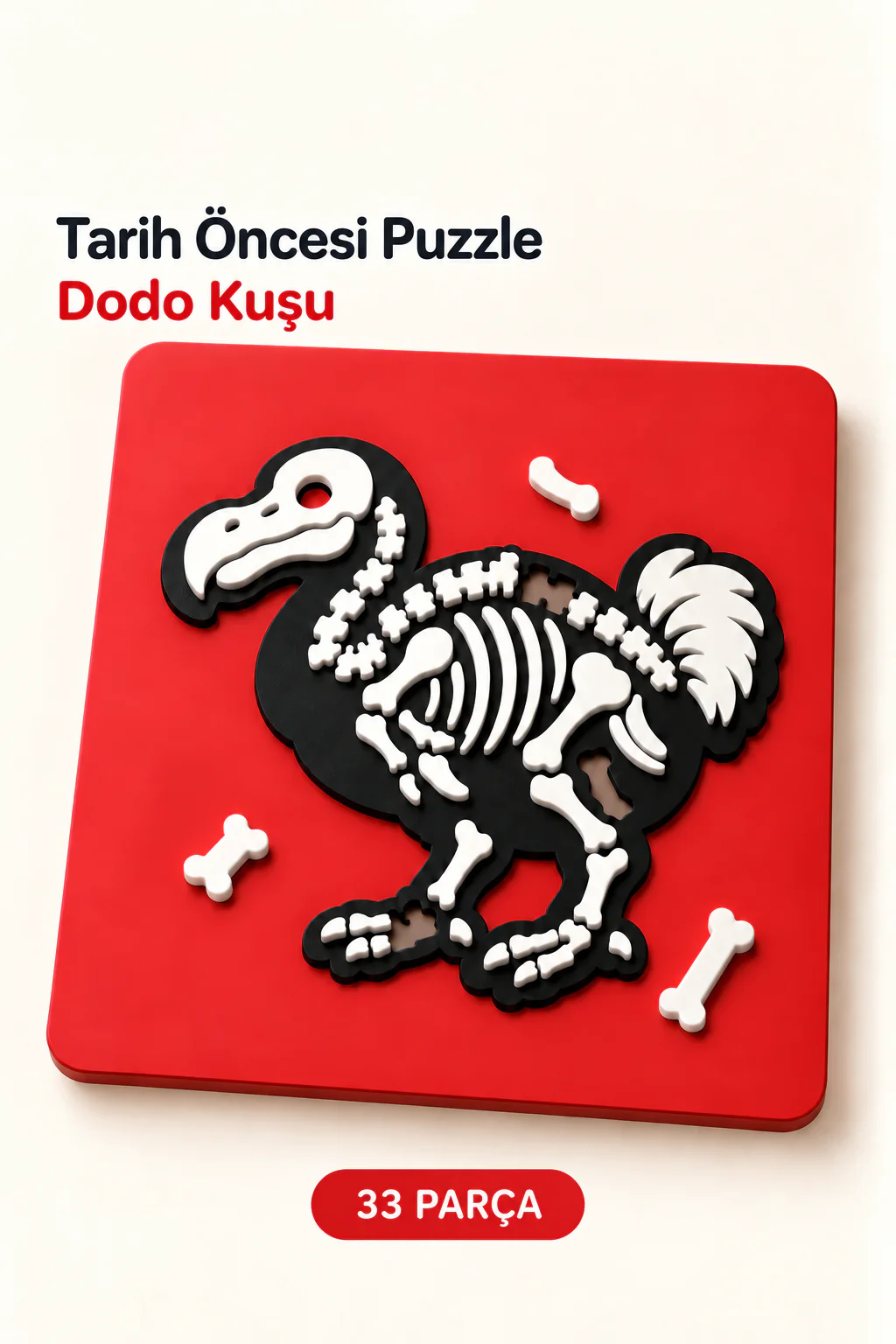Dodo Kuşu 33 parçalı tarih öncesi puzzle, kırmızı zemin ve iskelet parçaları