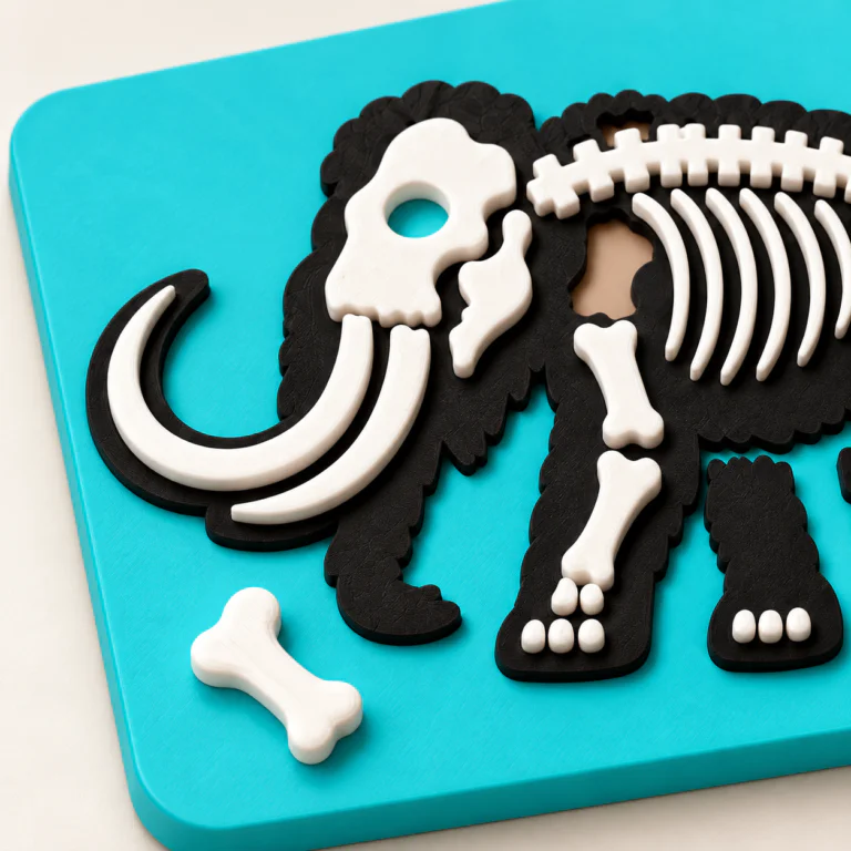 Mamut puzzle beyaz iskelet parçaları ve turkuaz zemin yakın plan