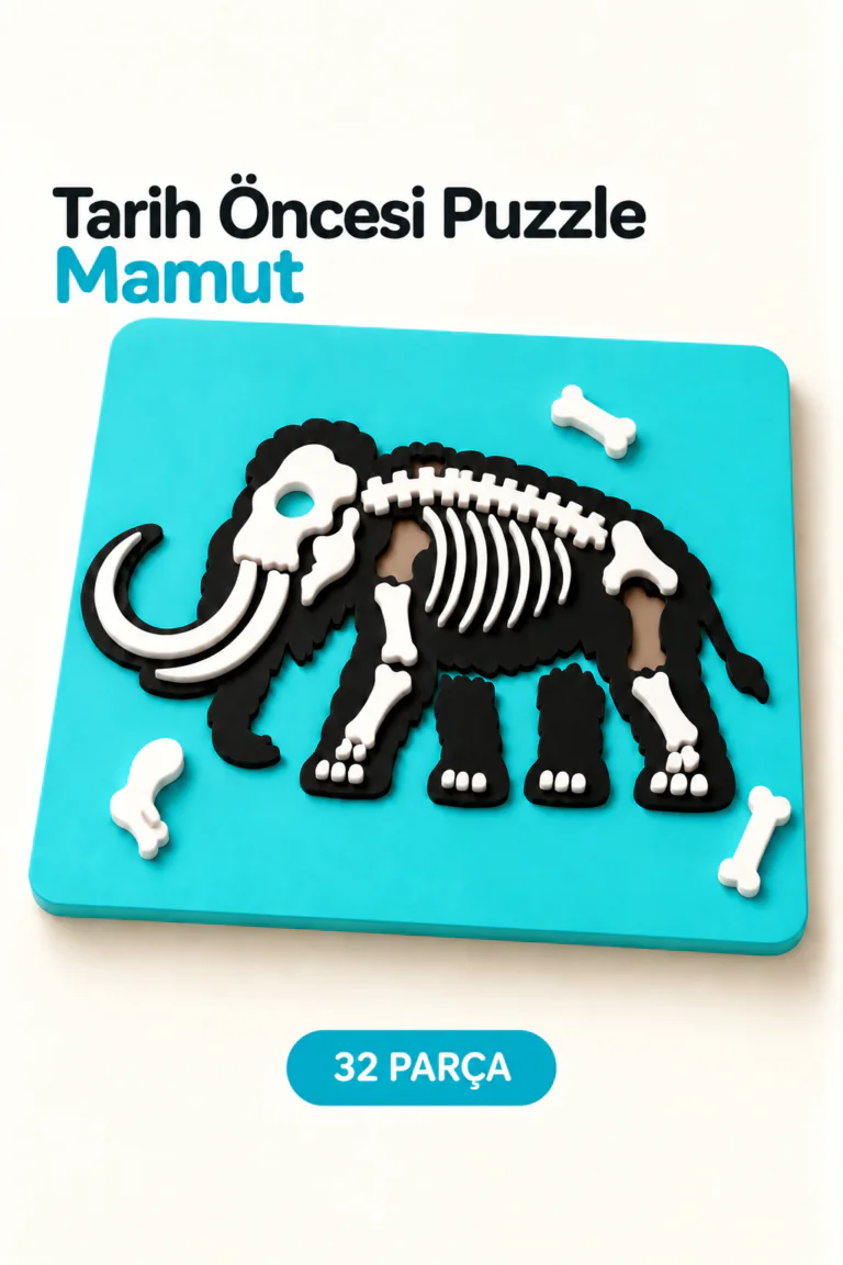 Mamut 32 parçalı tarih öncesi puzzle, turkuaz zemin ve iskelet parçaları
