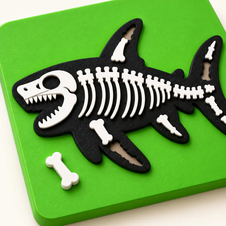 Megalodon puzzle beyaz iskelet parçaları ve yeşil zemin yakın plan