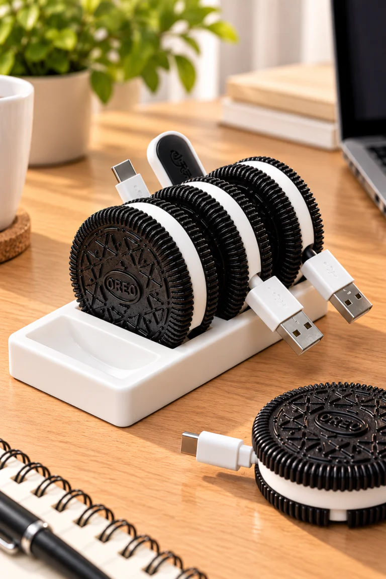 Oreo görünümlü siyah beyaz kablo organizeri çalışma masasında