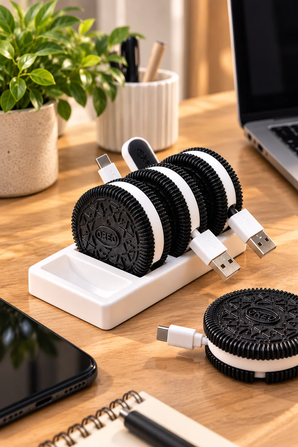 Oreo görünümlü kablo organizeri ile sarılmış şarj kabloları