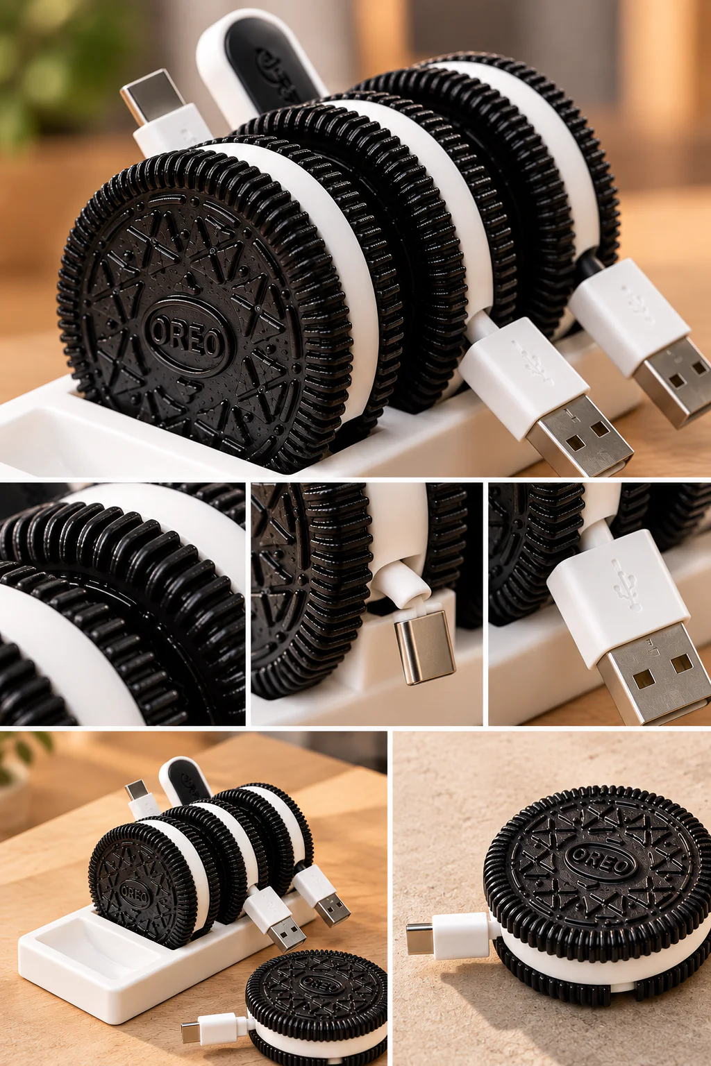 Oreo görünümlü kablo organizerinin desen ve kablo sarma detayları