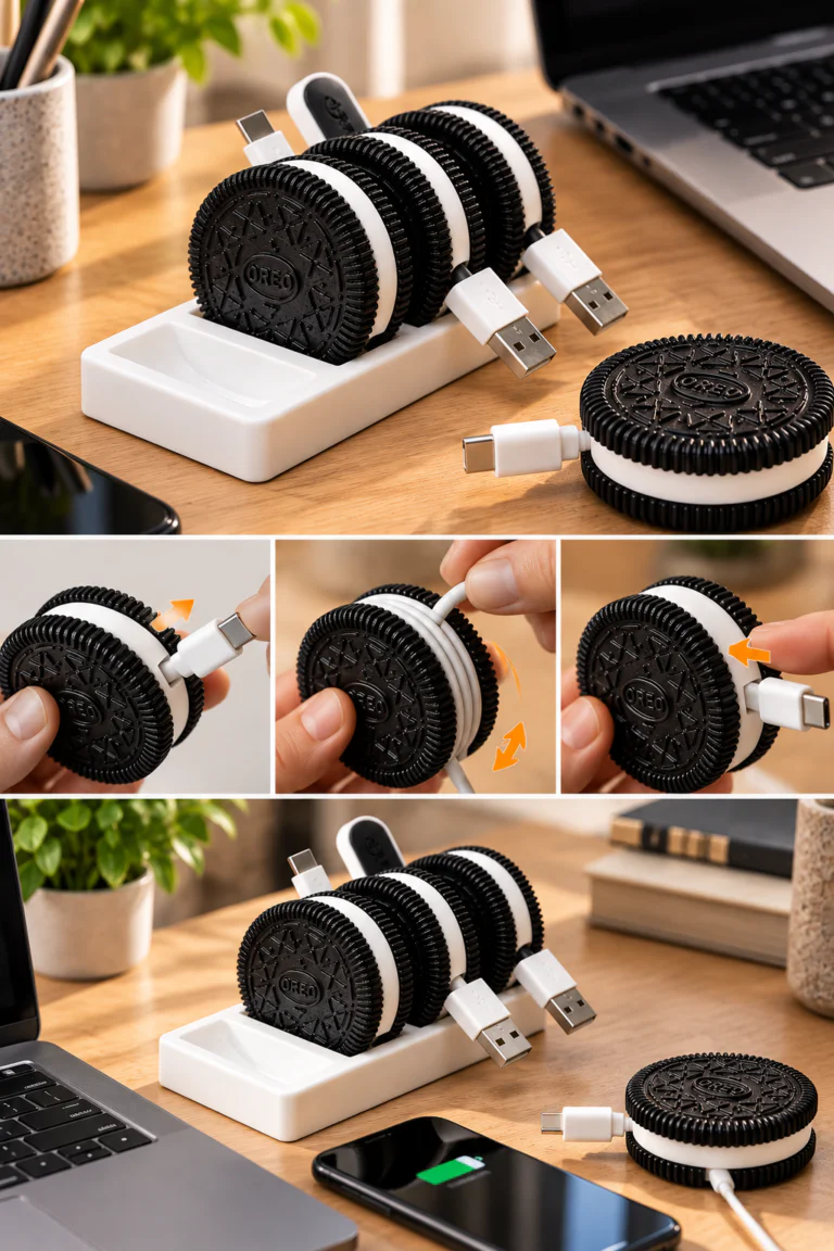 Siyah beyaz Oreo görünümlü kablo organizeri farklı açıdan