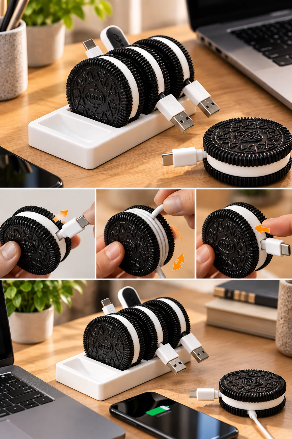 Siyah beyaz Oreo görünümlü kablo organizeri farklı açıdan